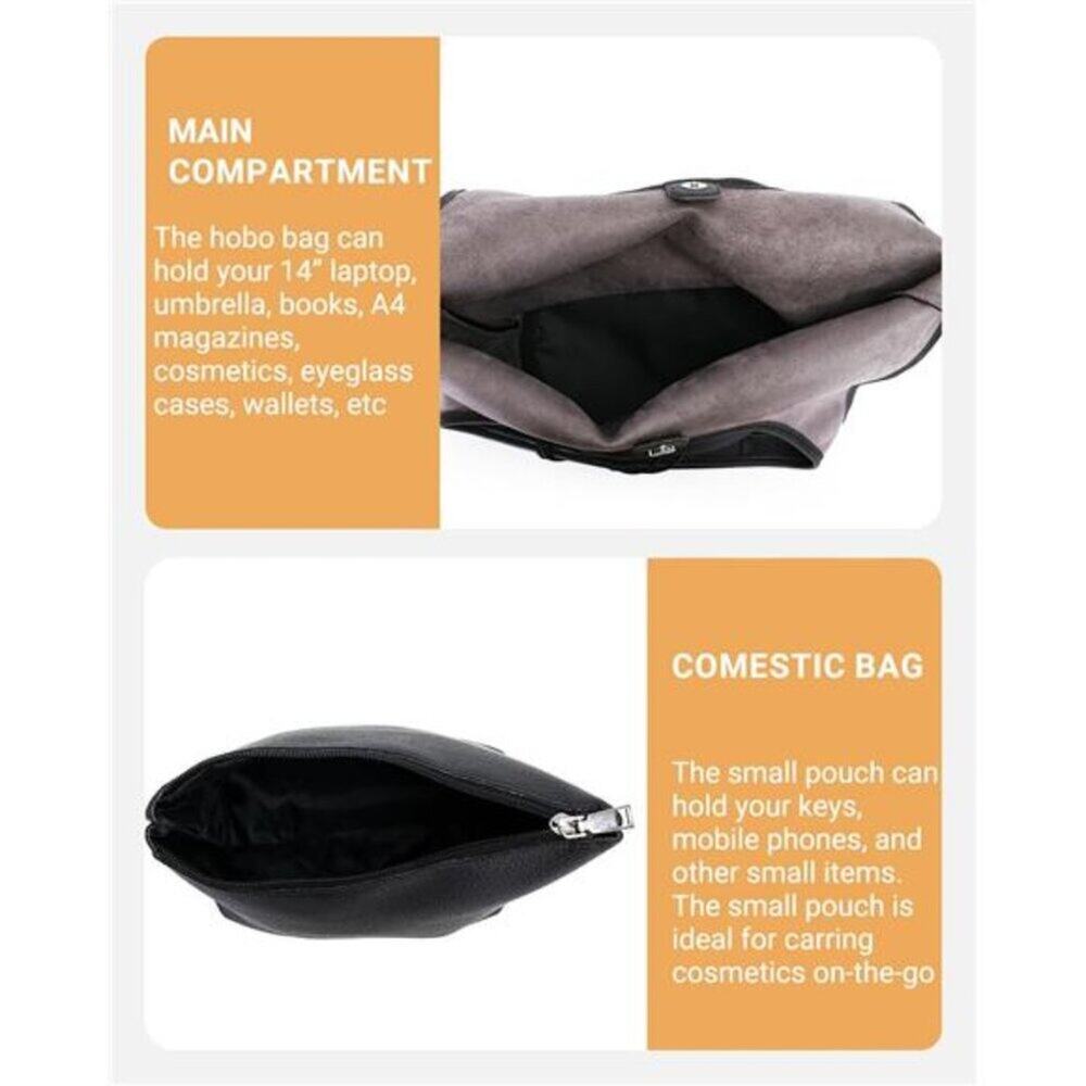 Women Slouchy Hobo Bag 2PCS Black Vegan Leather Large Capacity Shoulder Tote Bag - Picture 5 of 8